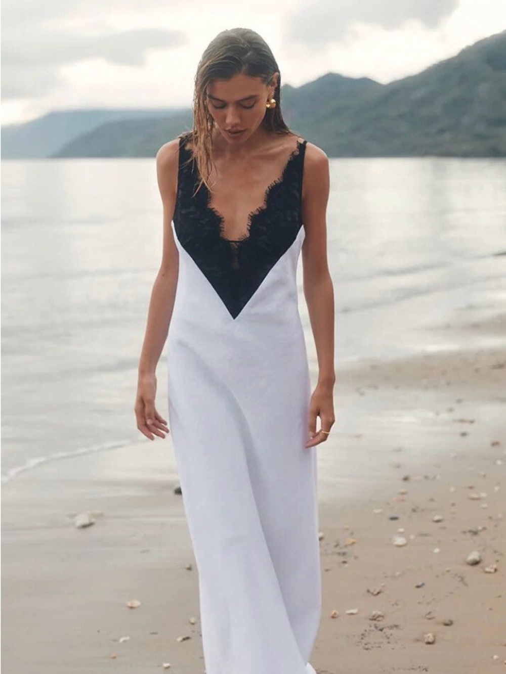 DISSH White Maxi Slip Dress with Black Lace V-Neck